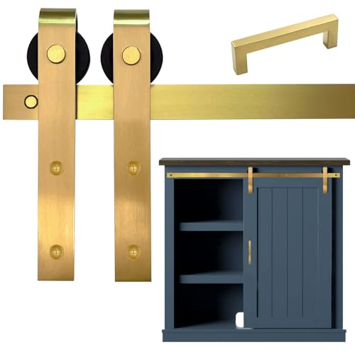 Rio Salto Mini Gold Barn Door Hardware Kit 3ft with Handle, Double Pannel Cabinet Sliding Barn Hardware Track for Sliding Furniture (Gold, 3FT Track Kit (Single Door)