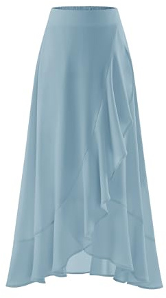 Timormode Women 2025 Summer Long Skirt Flowy Ruffle Boho Beach Skirts Elastic Waist A-line Chiffon Casual Split Midi Skirt TMS8006 Hazeblue M