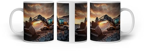 deyoli Taza con diseño de excavadora al atardecer, poderoso y moderno gigante al atardecer, 300 ml, de cerámica blanca/taza de café/idea de regalo