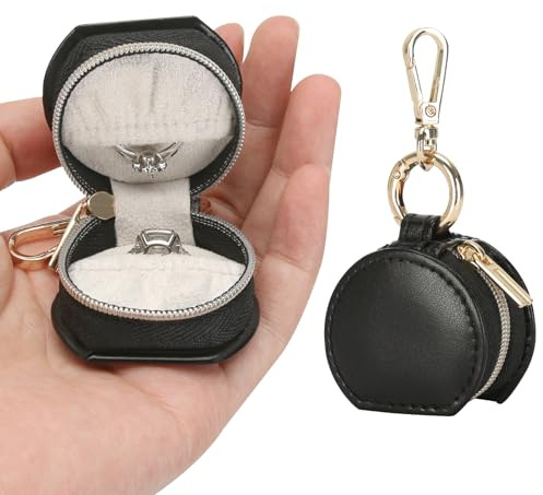 KUKUVR Jewelry Ring Holder Storage Box with Keychain, Portable Gym Jewelry Storage Case, Small Travel Ring Earring Stud Necklace Storage Case for Women Girl (Black)