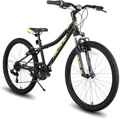 Hiland Mountain Bike 24 Inch, 7 Speed Boys Girls Mountain Bicycle with Suspension Fork V-brakes, 24 Inch MTB Mountian Bike for Kids, Black
