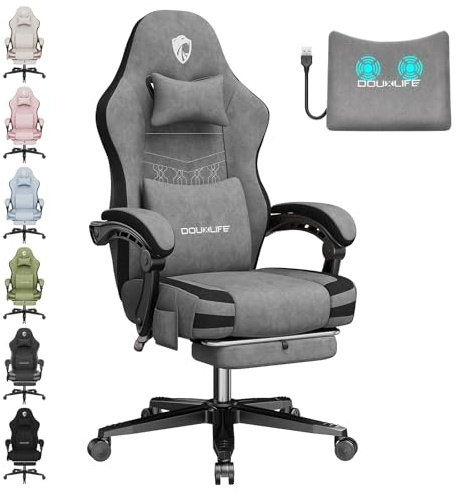 Douxlife Silla Gaming Tela con Masaje, Cojín de Asiento Ancho con Muelles Ensacados, Silla Gamer Ergonómica para PC de Oficina con Reposapiés, Capacidad de Carga de 158 kg, Gris Claro