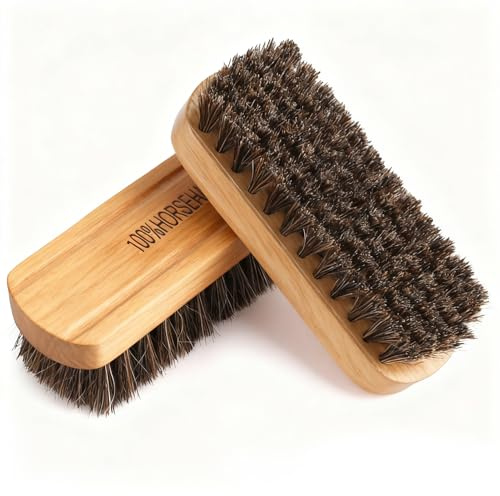 2 PCS Horsehair Shoe Brush, Leather Cleaning Brush Premium Super Soft Bristles with Ergonomic Wooden Handle Ideal for Polishing Leather Cleaning Suede and Fabric Shoes Trainers Boots
