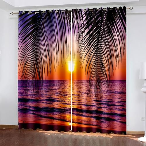 Tende oscuranti per le vacanze, per soggiorno, romantiche, viola, arancione, foglie di palma al mare, al tramonto, in poliestere, set da 2 pezzi, 304 x 183 cm
