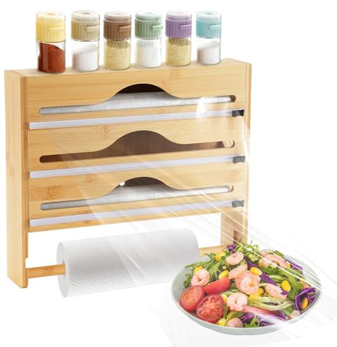Tuevob Distributeur de film étirable et cutter 3 en 1 en bambou et distributeur de papier d'aluminium avec support pour rouleau de cuisine – Organiseur de 35 cm pour rouleau de papier essuie-tout de