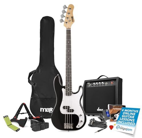 Max GigKit Electric Beginner Bass Guitar Pack with 40W Amplifier, String Cleaner & Accessories – Complete Starter Kit for New Players – Black High Gloss Finish