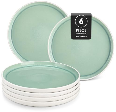 vancasso Teller Set 6 personen, ELBA Steingut Speiseteller flach ø 26 cm, Essteller für Pasta, Salat, Dessert, Frühstück, Kuchen, Spülmaschine und Mikrowelle, Servierteller mit randerhöhung, Türkis