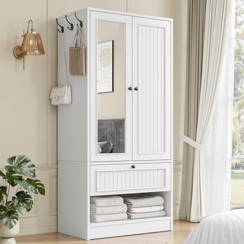 Einhomn 70 Armoire Wardrobe Closet with Doors & Mirror,Wooden Wardrobe with Drawers and 3 Side Hooks,Large Freestanding Bedroom Storage Wardrobe Cabinet,White