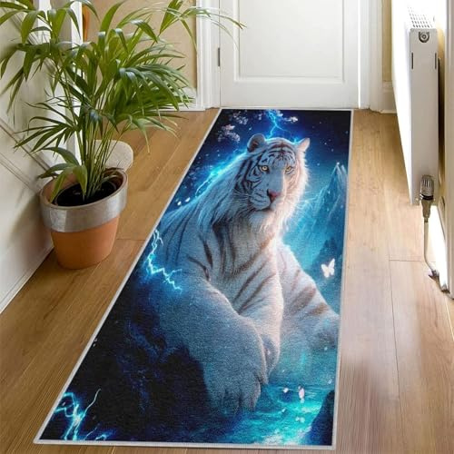 Weiß Tiger Teppich Läufer Flur 70x200, Waschbar Rutschfest Blau Blitz Fantasie Tier Muster Teppichläufer, Weich Kurzflor Lang Flurläufer für Wohnzimmer Schlafzimmer Bettvorleger Küchen YD910
