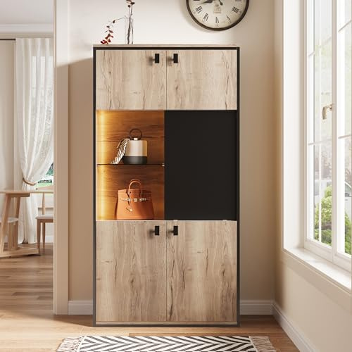 FammyLoft Aparador con LED, cómoda con 4 puertas, tablero alto con puertas correderas medianas, armario de oficina, para entrada/salón/comedor, 78 x 36 x 150 cm, natural