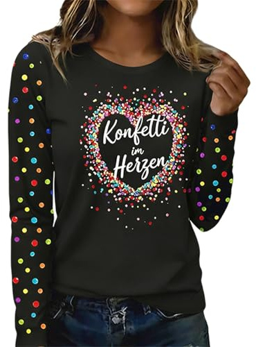 Karneval Kostüm Damen Konfetti im Herzen Langarmshirt Rundhals Basic Shirt Fasching Kostüm Casual Baumwolle Oberteile Tops für Club, Party, Mottoparty