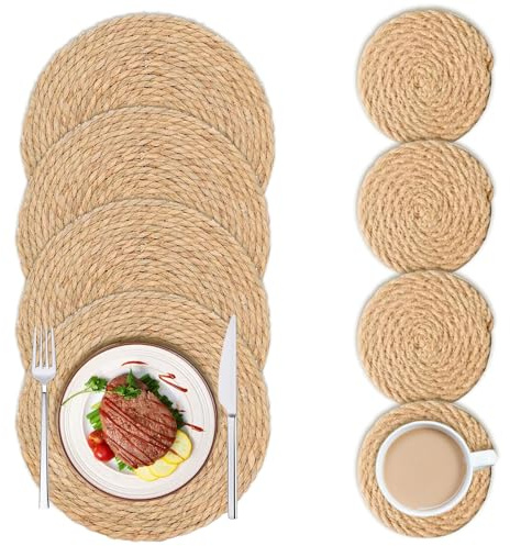 Woven Placemats, Rattan Placemats Set of 4(Include 4 matching coasters), 33cm Handmade Weave Placemats, Natural Table Place Mats, round placemats for Dining Table, Kitchen, Home, Party and Restaurant