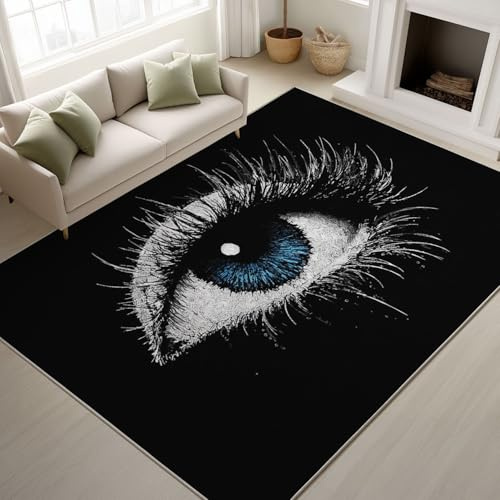 Generisk köksmatta modern tecknad kortluggig matta lekfull originell abstrakt halkmatta mattor svart-vita ögonfransar blå ögon enkel skötsel 60 x 90 cm ingång dörrmatta