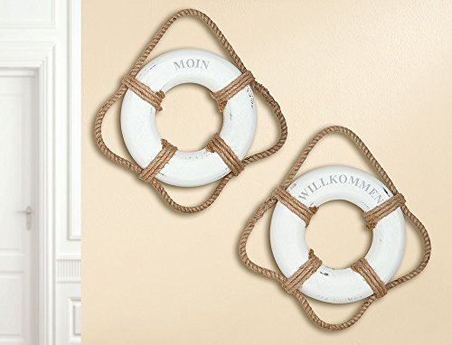 GILDE Deko Rettungsring, Holz, D 25,0cm x 3cm, Willkommen und Moin (Weiss)