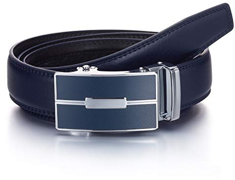 Yehman - Cintura senza fori in pelle di vacchetta con fibbia automatica a cremagliera, 3 cm, da uomo 505 Bleu Marine Medium