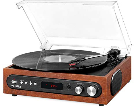 Victrola 3-in-1 Turntable – 3-Speed (33 1/3, 45, 78 RPM) Bluetooth Record Player with FM Radio, & Built-In Stereo Speakers, 3.5 Aux In & RCA Output, Wireless Music Streaming, Dust Cover (Mahogany)