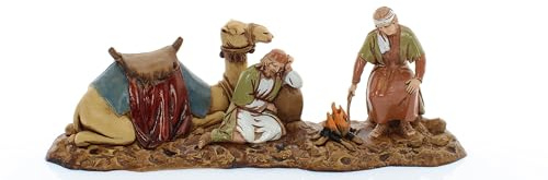 Moranduzzo Kamelhändler mit Feuer und Kamelen, H Max 8 cm – Standard 10 – Maßstab 1:20 – Unzerbrechliche Krippenfiguren, Arabischer Stil, Bildhauer M. Landi, Made in Italy