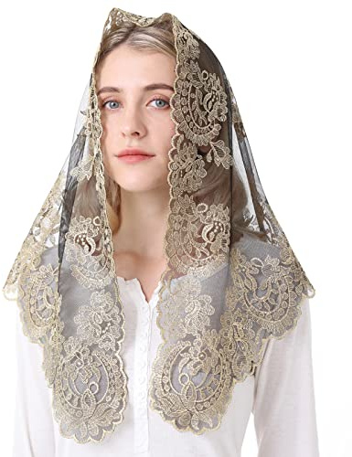 Spets slöja Mantilla katolsk kyrka kapell slöja lock huvud latin, Svart och guld, 120cm*60cm