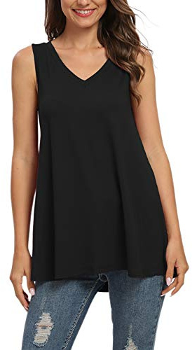 AUSELILY Ropa de Mujer Verano Casual Mleeveless V-Camiseta Túnica de Blusa Chalecos Básicos (Negro,L)