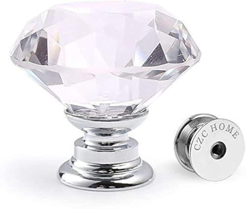 CZC HOME 25pcs 30mm Crystal Glass Door Drawer Knobs Diamond Cut Drawer Handles with 3 Sizes Screws for Cupboard Cabinet Wardrobe Home Decorating, Transparent-Silver Base