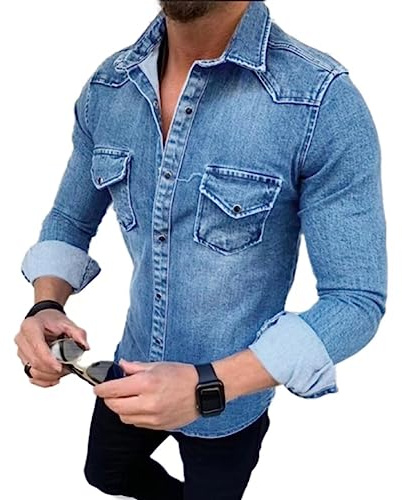 each women Herren Langarm Jeanshemd Slim Fit LäSsiges Hemd Mit DruckknöPfen Turnover Krawattentasche