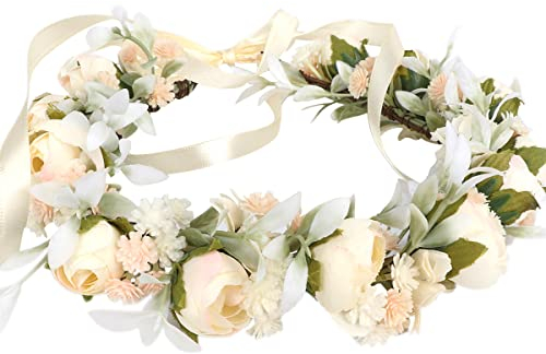 HuaLiSiJi Couronne Fleurs Cheveux Boheme Couronne de Rose,Couronne de fleurs Magnifiquement Travaillée,Réglable Individuellement Avec un Ruban, Disponible pour Adultes et Les Enfants (Blanc)