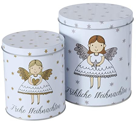 CasaJame 2er Set Metall Keksdose Plätzchendose weiß mit Engel Fröhliche Frohe Weihnachten goldene silberne Sterne sortiert H13-16cm