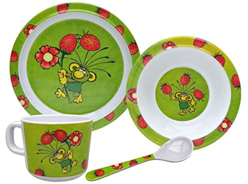 4-teilig Kindergeschirr Set Melamin Geschirr Set Rakosnicek Teller Schale Tasse Löffel, Spülmaschinengeeignet, Grün, Für Babys Mädchen und Jungen