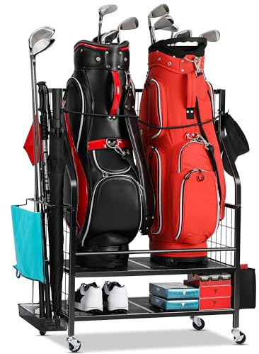 FHXZH Golfväska förvaring garage organisatör – golfväska stativ passar för 2 golfväskor och golfklubbar, golfbollar, tillbehör för golfutrustning, extra stor golfväska förvaringsställ för garage,