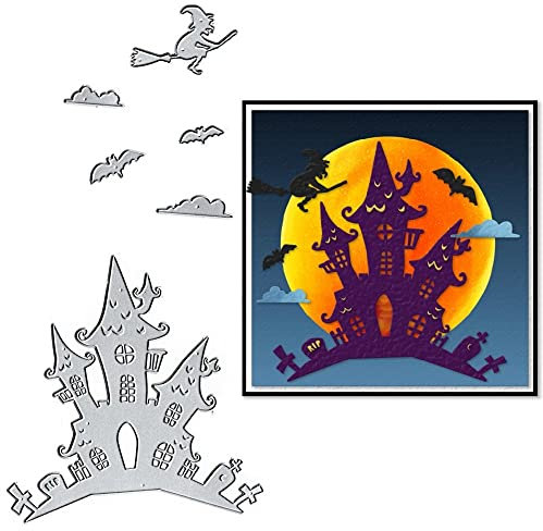 Halloween Castle Die Cuts for Card Making, Halloween Witch Bats Cutting Dies Sets House Background Dies Stencils Embossing Template for Scrapbooking DIY Cards Album Crafts Supplies