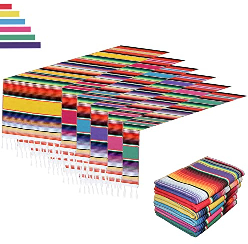 6 Pack Mexican Table Runners 14” x 84” Rainbow Colors Large Boho Mexican Theme Party Decoration for Cinco de Mayo Fiesta Party 6 Serape Table Runner (14” x 84”)
