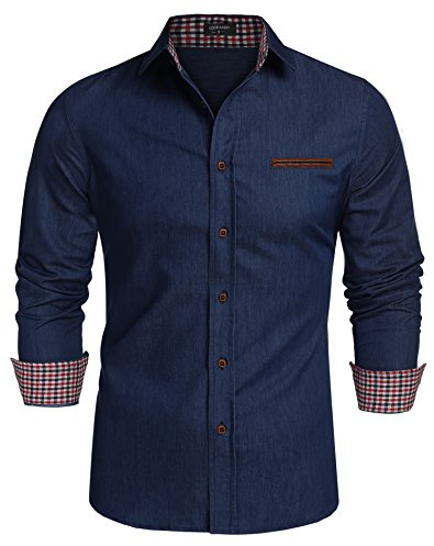 COOFANDY Camisa de mezclilla para hombre, camisa de manga larga, estilo vaquero, informal, para hombre, cuello Kent, negocios, casual, B-skyblue, L