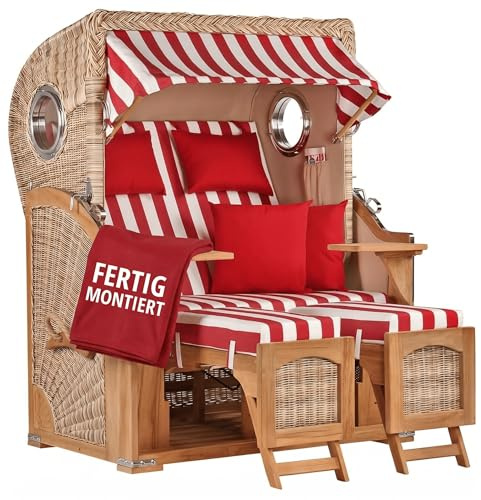 MR. DEKO® Strandkorb Düne Teak 2-Sitzer Bullauge | PE Geflecht Shell | Volllieger Strandstuhl verstellbar | inkl. 4 Kissen Wechselpolster | Strandkörbe fertig montiert aus Teakholz | (Dessin 562)