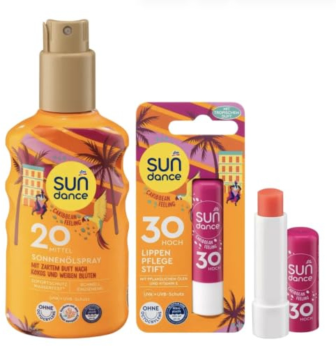 Sundance Set Sonnenschutz: Sonnenölspray Caribbean Feeling + Lippenpflege | Sonnenschutz-Spray LSF 20, seidiger Schimmer, Kokos- & Blüten-Duft, 200 ml + Lippenpflegestift LSF 30 tropischer Duft, 4.8 g