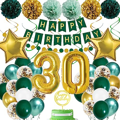 KISPATTI 30 Geburtstag Dekorationen für Frauen Männer, Grün Gold Party Luftballons Happy Banner 30 Mann