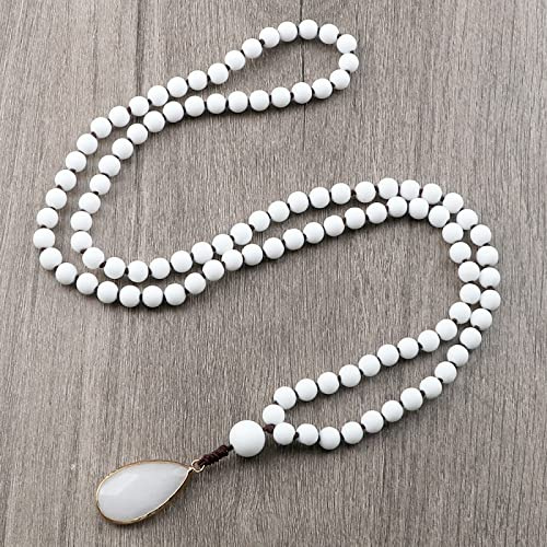 Vintage 108 Mala Perlen Halsketten Frauen 6 mm Weiß Porzellan Stein Tropfen Anhänger Knotenkette Herren Yoga Schmuck Paar Geschenke, Matt Weiß