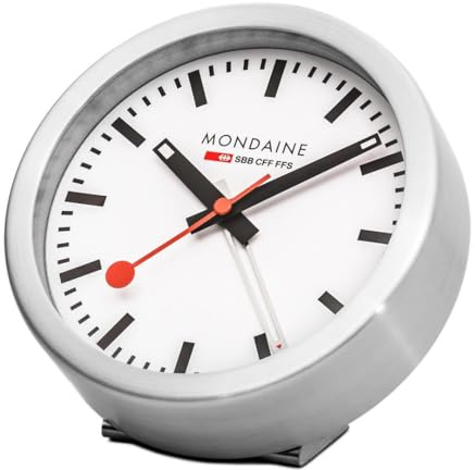 Mondaine A997.MCAL.16SBB.1 Mini Wall Clock and Alarm Clock with Aluminium Case - Ticking Seconds Hand - Silver/Grey Glass Mineral Glass