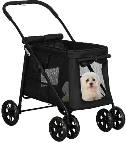 PawHut Hundewagen, faltbarer Hundebuggy, Hundetrolley mit Kissen, Katzenbuggy bis 20 kg, Katzenwagen für kleine und mittelgroße Hunde mit Seitentaschen, Netzfenster, Oxford-Gewebe, Schwarz