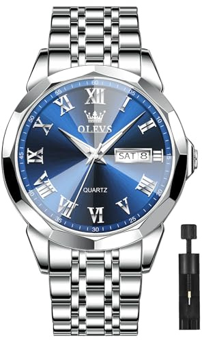OLEVS Montre analogique en acier inoxydable pour homme - Étanche, montre de robe d'affaires lumineuse avec indicateur de date - Montre à quartz - Cadeau pour homme, standardmäßig, Bracelet