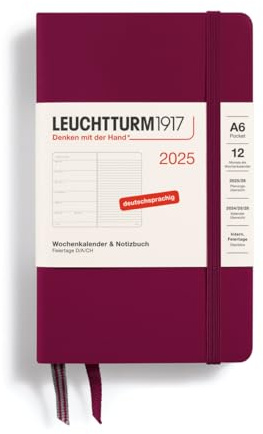 LEUCHTTURM1917 370499 Wochenkalender & Notizbuch Pocket (A6) 2025, Port Red, Deutsch