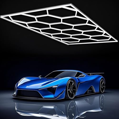14pcs Hexagon Waben LED Licht mit Rahmen, 672W 6500K Superhell verknüpfbare LED-Deckenleuchten für Garage, Werkstatt, Fitnessstudio, Keller, Auto-Schönheitssalon, Autopflegegeschäft