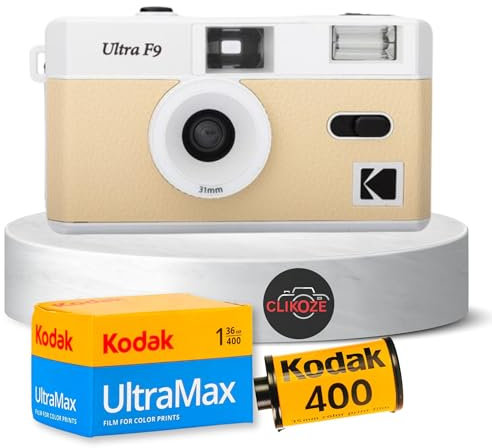 Reusable Film Camera Bundle Includes a Light Beige Kodak Ultra F9 Film Camera, Kodak Ultramax 35 mm Film 36 Exposures and Clikoze Camera Film Photography Tips Card