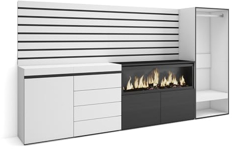 Skraut Home | Sideboard, Kommode | Aufbewahrungsschrank | 274x145x35 cm | Für Schlafzimmer, Zimmer | Elektrokamin XXL | Kommode mit Schubladen | Offener Kleiderschrank | Moderner Stil | Weiß