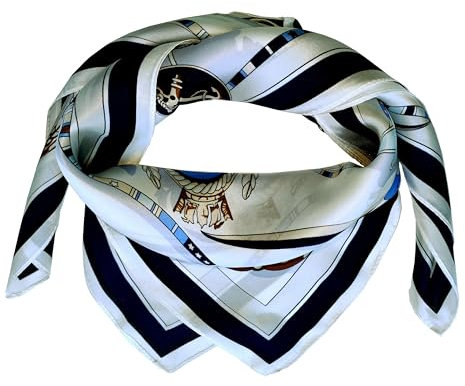 SeaBright Damen Tuch Nickituch Halstuch 100% Seide Crepe Satin 12 Momme Luxus Luxuriös 65X65 70X70 cm TC-S-BH-2405-70-1 Quadratisch Maritim Maritime Segelschiff Segelboot Anker Steuerrad Weiß Blau