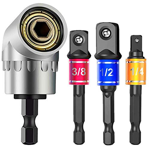 Bordhap Impact Grade Power Hand Tools Driver Sockets Adapter Extension Set, 3Pcs Hex Drill Nut Driver Bit Set + 105 Degree Right Angle Driver Extension Screwdriver Drill Attachment