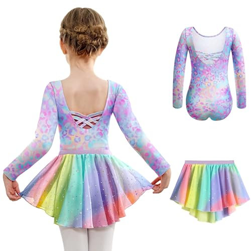 Arshiner Ballettkleidung Mädchen Zweiteiliges Langarm Rückenfrei Ballettanzug Kinder Baumwolle Ballettkleid Balletttrikot Tanzkleid Tanzbody mit Irregulär Chiffon Rock Tütü Bunt 130 3-4 Jahre