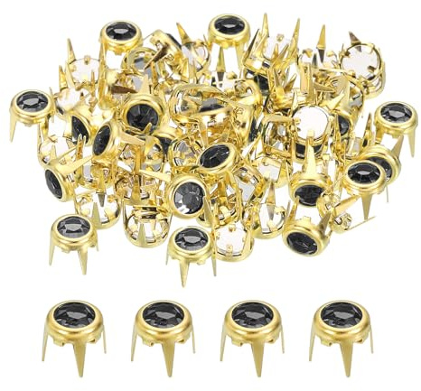 QUARKZMAN 80pcs Tachuelas de Estrás, Remaches Redondos de 6mm de Cristal Garra de Metal para Decoración de Púas Punk para Cuero Artesanal Ropa Cinturón Bolso Zapatos Accesorios, Dorado/Negro