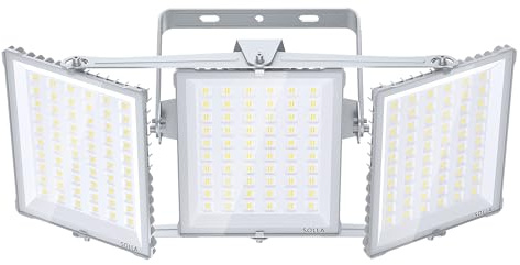 SOLLA Projecteur LED extérieur 600W 2025 Plus Nouvelle Version Mis à Jour, 60000 LM, Blanc Lumière du Jour 6000K, Étanche IP66, 3 Têtes Réglables, Éclairage de Sécurité Extérieur pour Cours, Gris