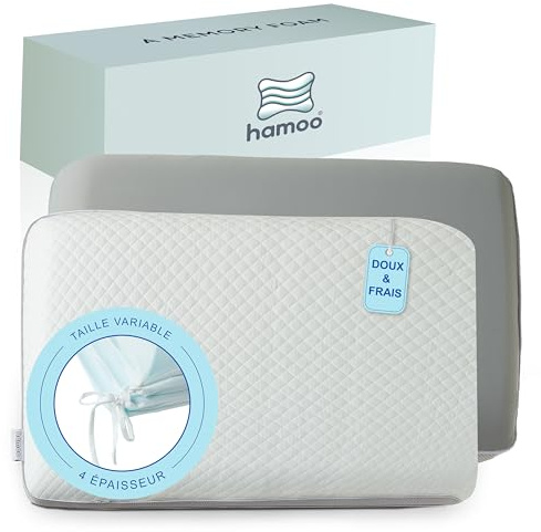 Oreiller Cervical Ergonomique en Mousse à mémoire de Forme, Hauteur réglable, Double Face, en Bambou et Effet fraîcheur, pour Le Dos, Le côté ou Le Ventre, Housse Lavable à 30 °C