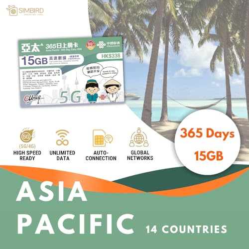 ASIA Pacific - Tarjeta SIM prepagada solo para datos (15 GB, 365 días) 5G de alta velocidad 3 en 1 SIM | Listo para usar en 15 países | WiFi móvil de punto de acceso | China Japón Corea Australia